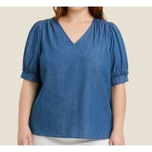 Draper James Chambray Puff Sleeve V-Neck Top Womens XL Casual Denim Blouse